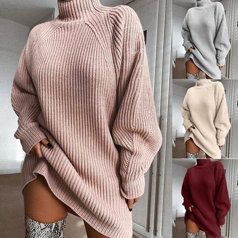 Vestido jersey largo de cuello alto, liso y cálido para invierno