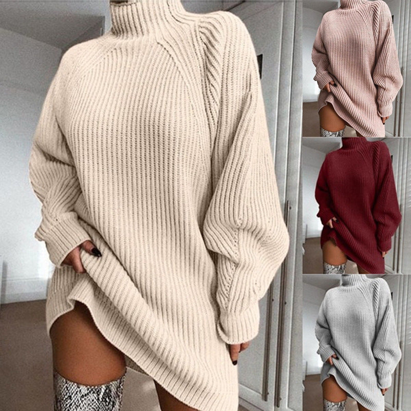 Vestido jersey largo de cuello alto, liso y cálido para invierno – foto 3