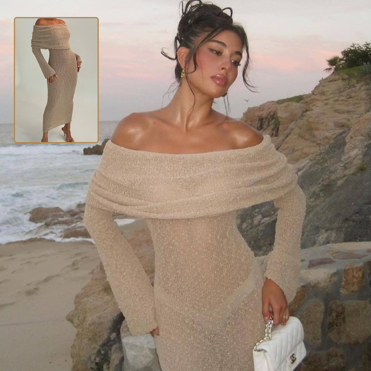 Vestido largo de punto con un solo hombro y manga larga