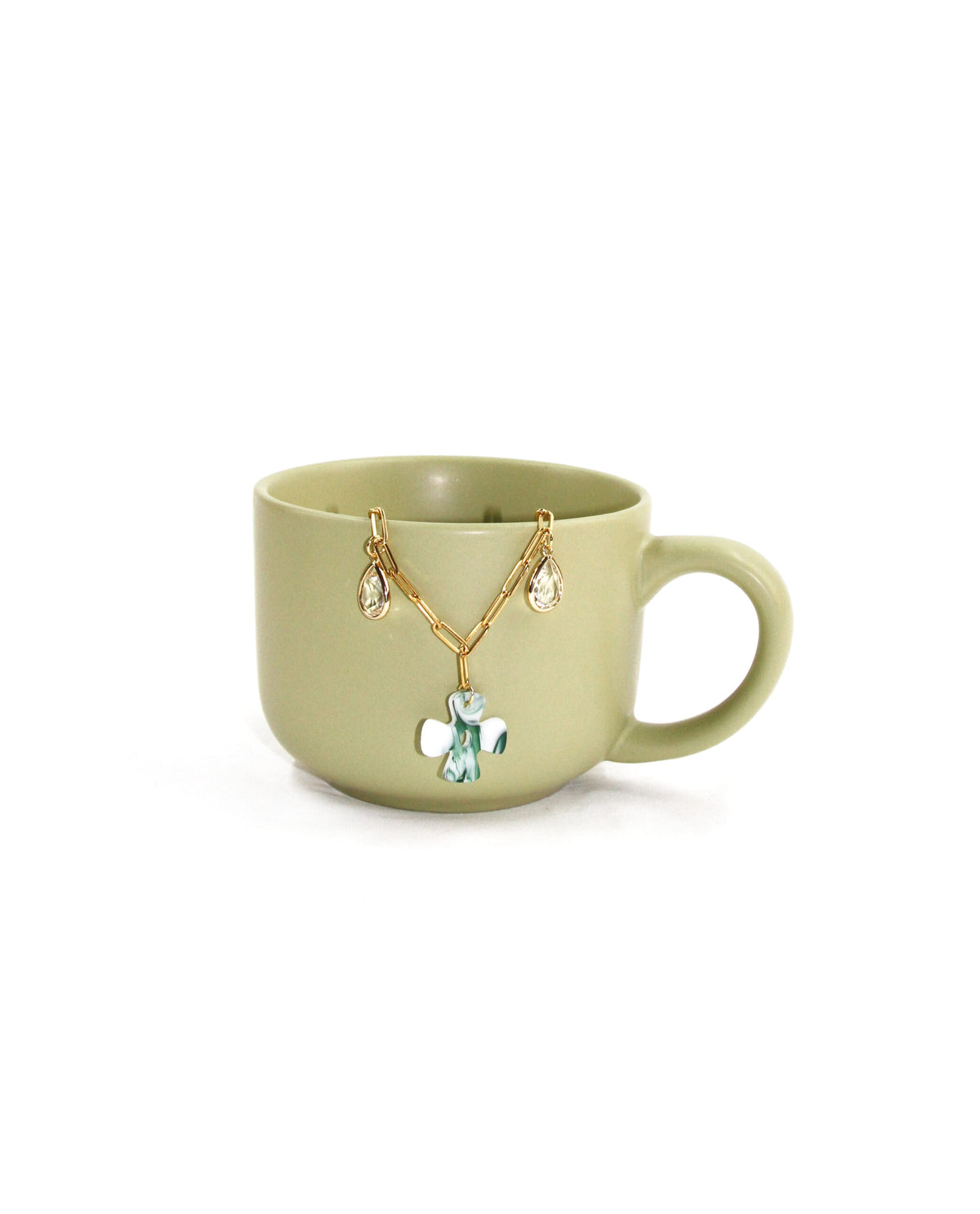 Collar dorado con cruz verde y colgantes de cristal – foto 5