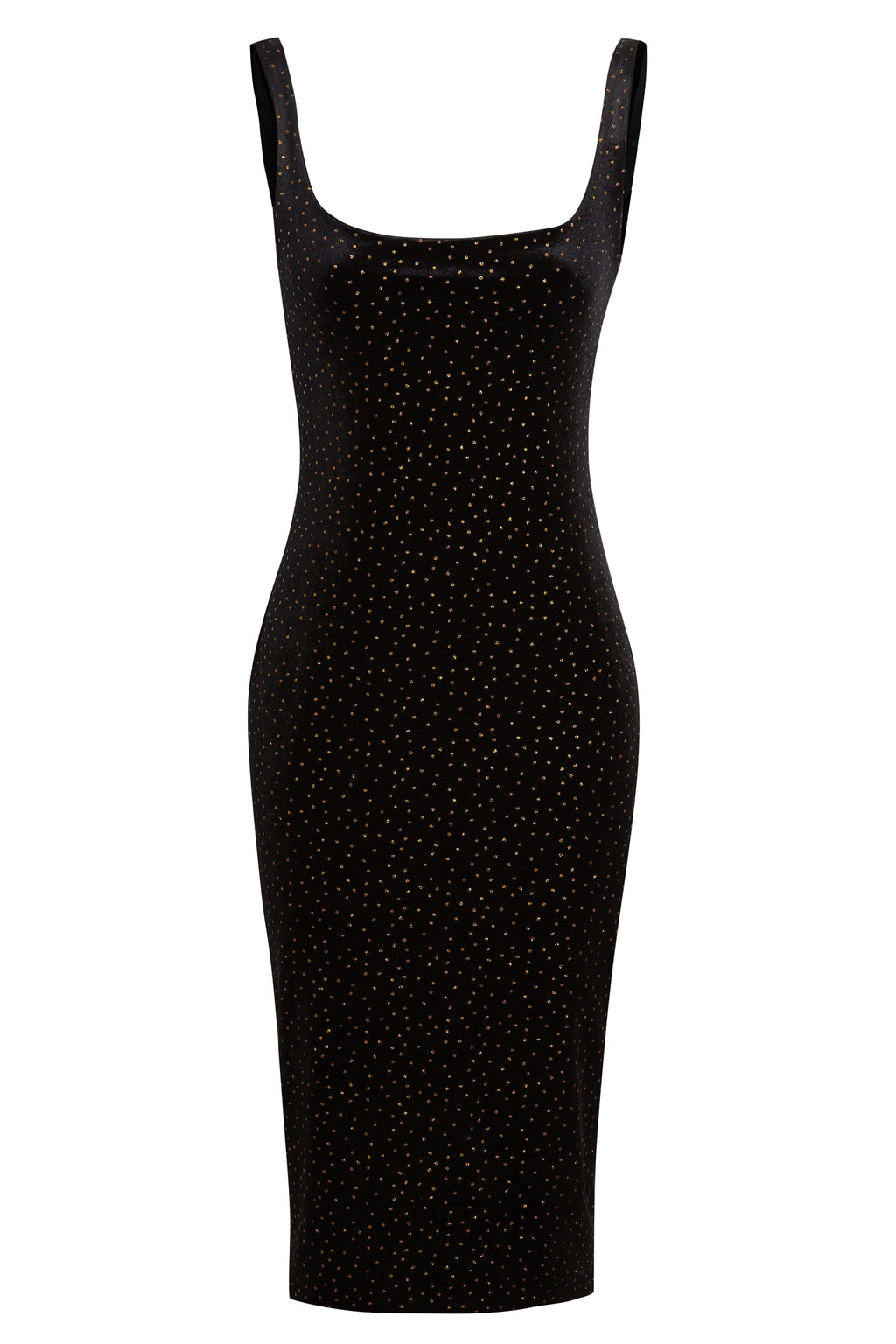 Vestido midi de terciopelo negro con lunares dorados