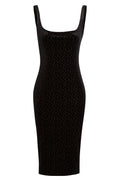 Vestido midi de terciopelo negro con lunares dorados
