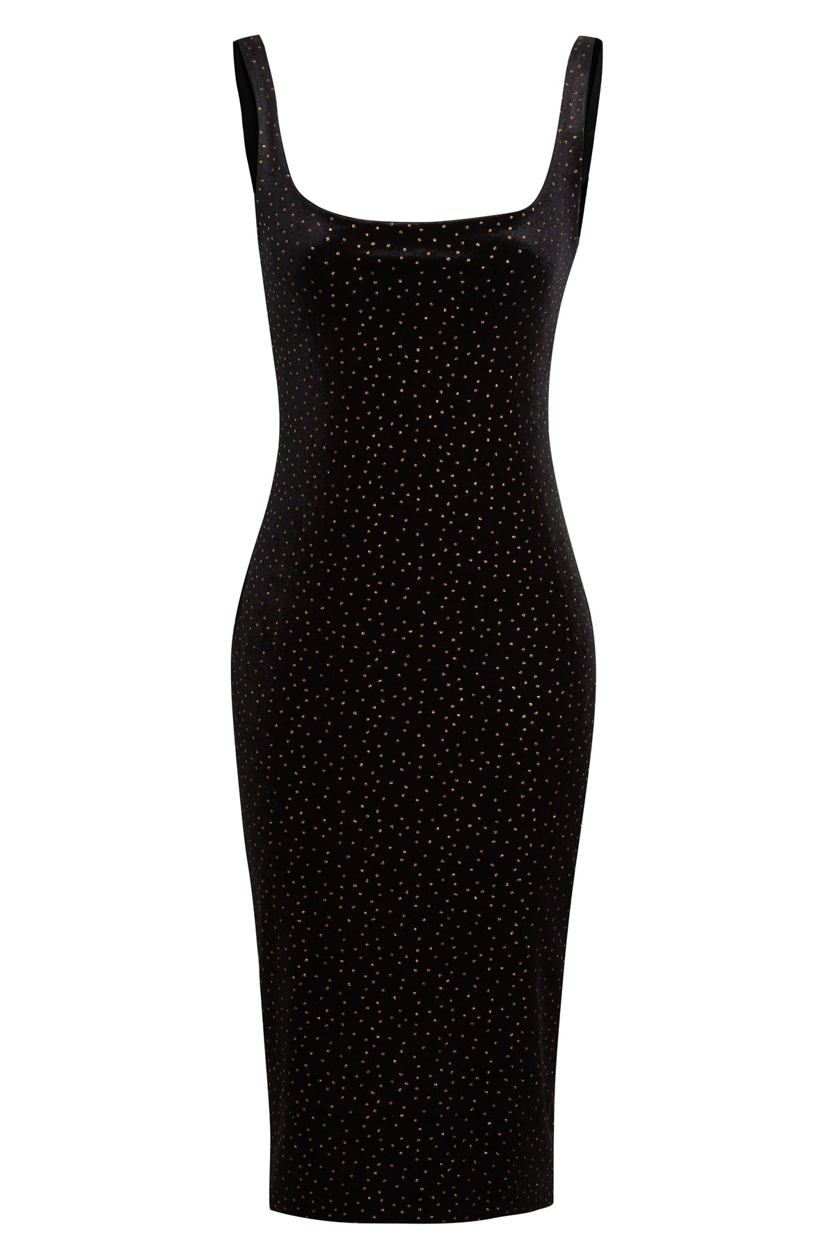 Vestido midi de terciopelo negro con lunares dorados