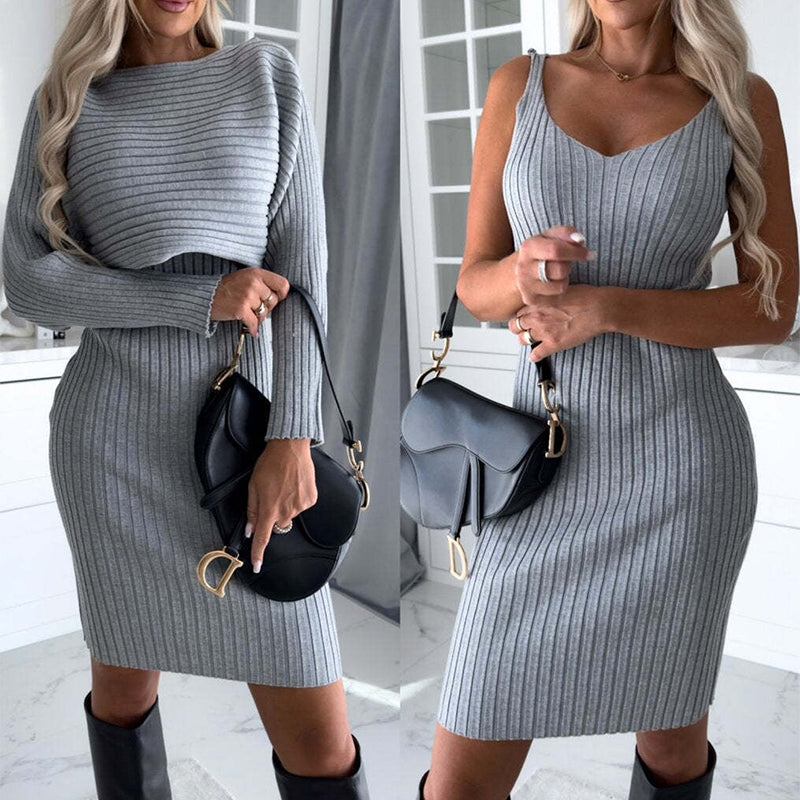 Conjunto de 2 piezas: top de rayas de manga larga y falda ajustada con tirantes